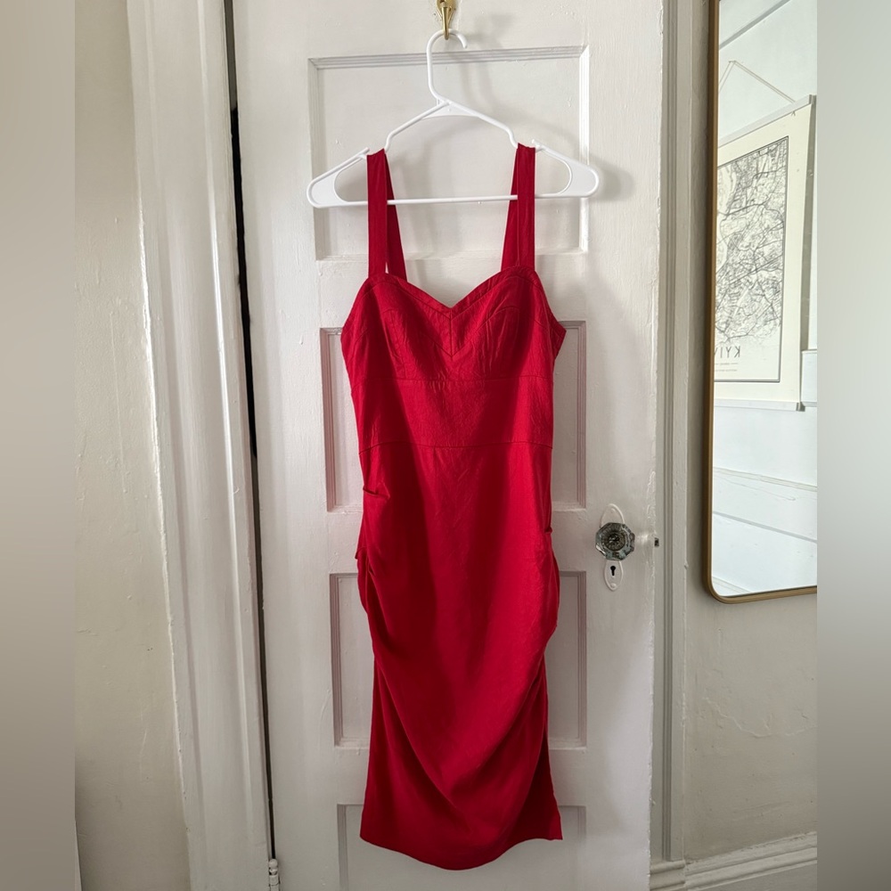 Nicole Miller | Red Linen Ruched Cocktail Dress | Size 4